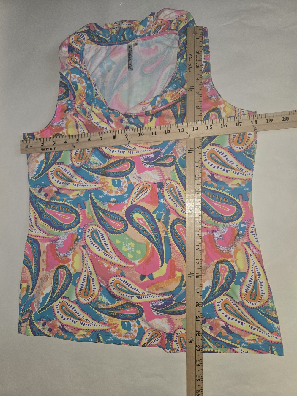 Lulu-B Vibrant Pink, Blue & Green Paisley Ruffle Cowl Neck Top Wrinkle Proof - S - Picture 5 of 9
